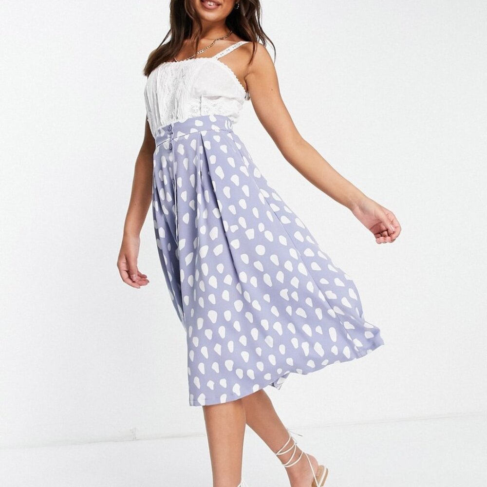 Monki Sigrid Recycled Button Through Spot Print A-line Midi Skirt | Size M